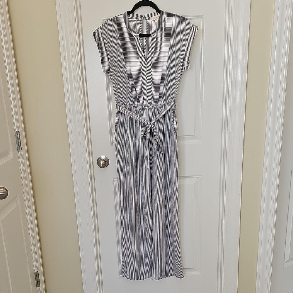 Monteau White & Navy Striped Jumpsuit with Tie Waist